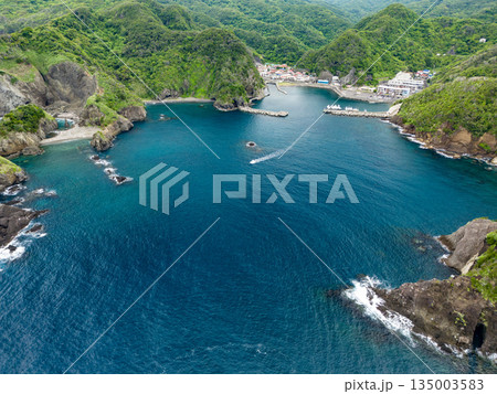 ヒリゾ浜のドローン撮影。大根島、あいあい岬、数々の地磯も見える。ヒリゾ浜南伊豆町中木 静岡県伊豆半島 135003583