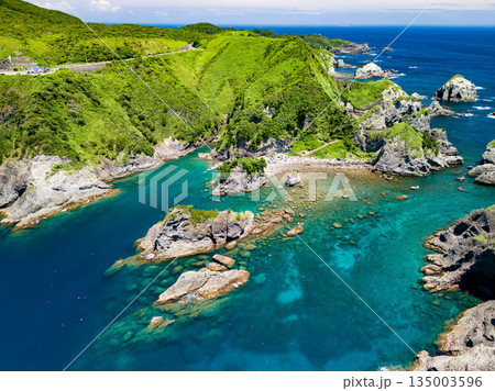 ヒリゾ浜のドローン撮影。大根島、あいあい岬、数々の地磯も見える。ヒリゾ浜南伊豆町中木 静岡県伊豆半島 135003596