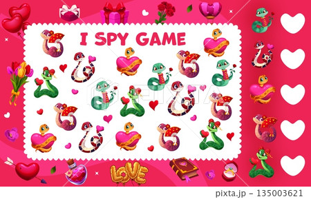 I spy game worksheet to find and match the same picture of snake characters, vector puzzle quiz. I spy game for kids with Valentine hearts, wedding rings, gifts and flowers to match same pictures I spy game worksheet to find and match the same picture of snake characters, vector puzzle quiz. I spy game for kids with Valentine hearts, wedding rings, gifts and flowers to match same pictures 135003621