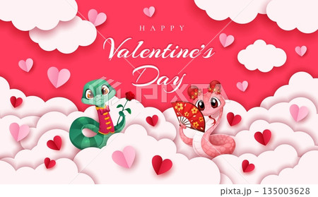 Valentines day paper cut banner with two cute cartoon charming snakes celebrating love and affection, exchanging romantic gestures amidst fluffy clouds and floating paper hearts at pink background Valentines day paper cut banner with two cute cartoon charming snakes celebrating love and affection, exchanging romantic gestures amidst fluffy clouds and floating paper hearts at pink background 135003628