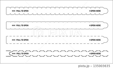 Box package perforated tear strip border line. Vector black and white Pull to Open packaging tab templates with sharp, rounded and dashed lines perforation for boxes and tamper proof packaging 135003635