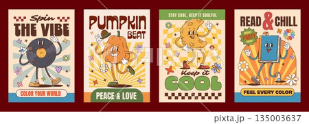Retro groovy hippie characters posters with vintage funky vinyl record, pumpkin, slice of cheese and book dancing with positive messages. Nostalgic 70s vibe promoting peace, music, reading, positivity Retro groovy hippie characters posters with vintage funky vinyl record, pumpkin, slice of cheese and book dancing with positive messages. Nostalgic 70s vibe promoting peace, music, reading, positivity 135003637