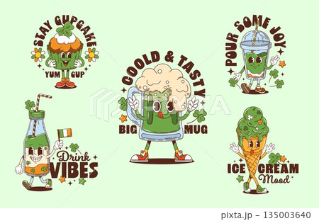 St Patrick groovy character stickers and t shirt prints for Irish holiday, cartoon vector. Funny groovy green ale beer tankard with Ireland flag, cupcake with shamrock for Saint Patrick characters 135003640