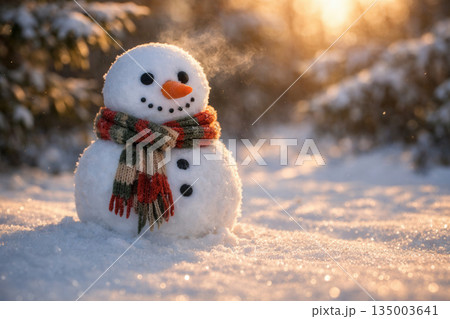 Cheerful Snowman With Striped Scarf In Golden Winter Sunlight 135003641