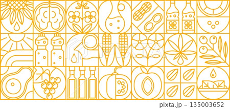Sunflower, rapeseed, corn and other oil geometric pattern with agricultural motifs of sunflower, corn, rapeseed, peanut, olive, and avocado oil plants. Vector retro modern abstract line background Sunflower, rapeseed, corn and other oil geometric pattern with agricultural motifs of sunflower, corn, rapeseed, peanut, olive, and avocado oil plants. Vector retro modern abstract line background 135003652