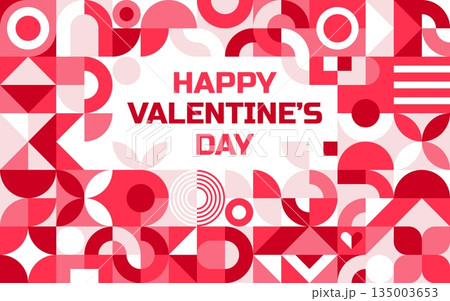 Happy valentine day poster with geometric pattern. Vector greeting card with abstract shapes in shades of pink and red. Modern vibrant layout exudes romance and love for valentine holiday celebrations Happy valentine day poster with geometric pattern. Vector greeting card with abstract shapes in shades of pink and red. Modern vibrant layout exudes romance and love for valentine holiday celebrations 135003653