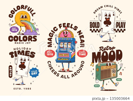 Retro t shirt prints and groovy characters stickers with sun, vintage radio, casino poker ace card and gambling machine on funny retro vintage posters. Funky groovy comic faces with happy mood Retro t shirt prints and groovy characters stickers with sun, vintage radio, casino poker ace card and gambling machine on funny retro vintage posters. Funky groovy comic faces with happy mood 135003664