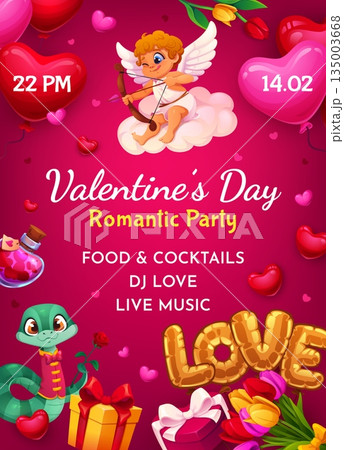 Valentine Day party flyer of cartoon Cupid and snake characters with love holiday gifts. Valentines romantic party vector flyer with cute cherub angel, love arrows, heart balloons, flowers and gifts Valentine Day party flyer of cartoon Cupid and snake characters with love holiday gifts. Valentines romantic party vector flyer with cute cherub angel, love arrows, heart balloons, flowers and gifts 135003668