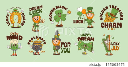 Funny leprechaun and St Patrick day y2k groovy stickers featuring clovers, green beer, pots of gold, shamrocks playful characters for festive cards, celebrating Irish culture and lucky retro vibes 135003673