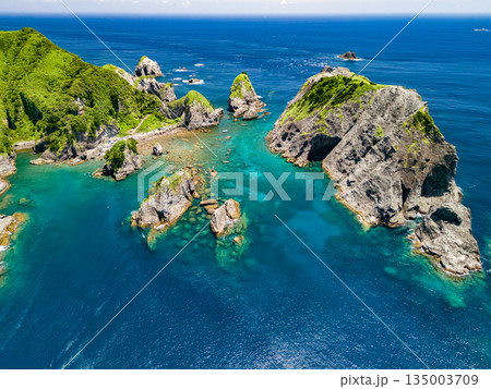 ヒリゾ浜のドローン撮影。大根島、あいあい岬、数々の地磯も見える。ヒリゾ浜南伊豆町中木 静岡県伊豆半島 135003709