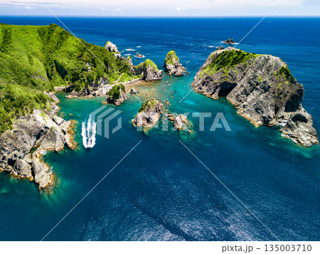 ヒリゾ浜のドローン撮影。大根島、あいあい岬、数々の地磯も見える。ヒリゾ浜南伊豆町中木 静岡県伊豆半島 135003710