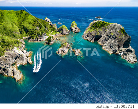 ヒリゾ浜のドローン撮影。大根島、あいあい岬、数々の地磯も見える。ヒリゾ浜南伊豆町中木 静岡県伊豆半島 135003711