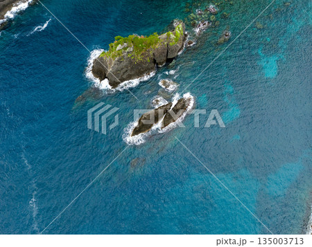 ヒリゾ浜のドローン撮影。大根島、あいあい岬、数々の地磯も見える。ヒリゾ浜南伊豆町中木 静岡県伊豆半島 135003713