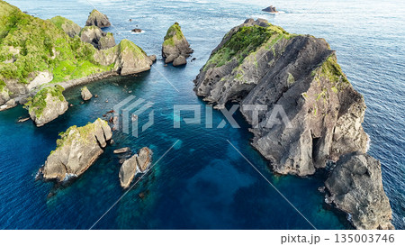 ヒリゾ浜のドローン撮影。大根島、あいあい岬、数々の地磯も見える。ヒリゾ浜南伊豆町中木 静岡県伊豆半島 135003746