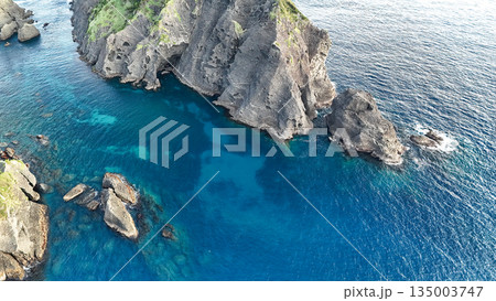 ヒリゾ浜のドローン撮影。大根島、あいあい岬、数々の地磯も見える。ヒリゾ浜南伊豆町中木 静岡県伊豆半島 135003747