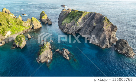 ヒリゾ浜のドローン撮影。大根島、あいあい岬、数々の地磯も見える。ヒリゾ浜南伊豆町中木 静岡県伊豆半島 ヒリゾ浜のドローン撮影。大根島、あいあい岬、数々の地磯も見える。ヒリゾ浜南伊豆町中木 静岡県伊豆半島 135003769