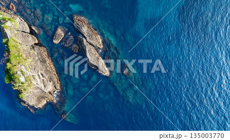 ヒリゾ浜のドローン撮影。大根島、あいあい岬、数々の地磯も見える。ヒリゾ浜南伊豆町中木 静岡県伊豆半島 135003770