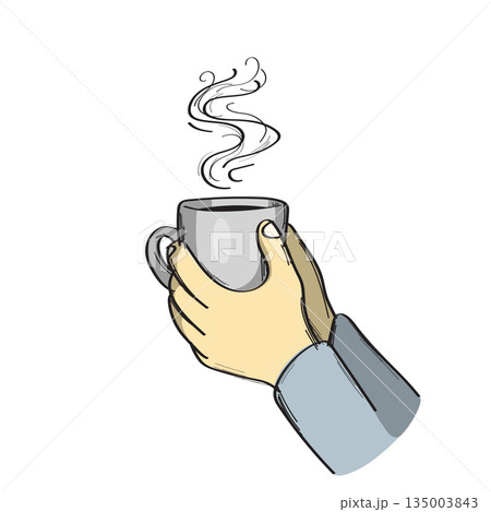 holding steaming cup of tea or coffee illustration vector sketch with black lines 135003843