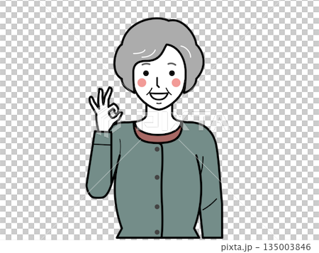 正面向き。OKサインをするカーディガンを着た高齢女性。 135003846