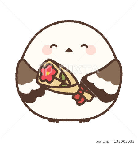 笑顔で一輪の花を持つシマエナガのかわいいイラスト 135003933