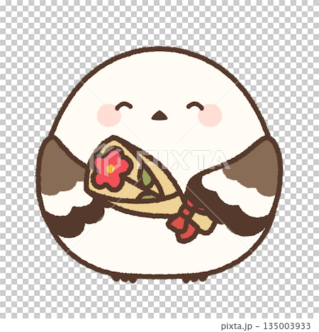 笑顔で一輪の花を持つシマエナガのかわいいイラスト 135003933