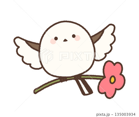 一輪の花を持って羽ばたくシマエナガのかわいいイラスト 135003934
