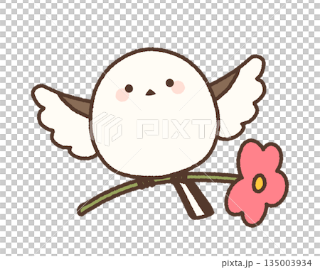 一輪の花を持って羽ばたくシマエナガのかわいいイラスト 135003934