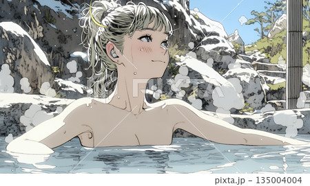 露天風呂に浸かっている若い女性