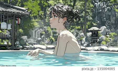 露天風呂に浸かっている若い女性