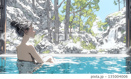 露天風呂に浸かっている若い女性