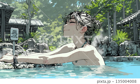 露天風呂に浸かっている若い女性