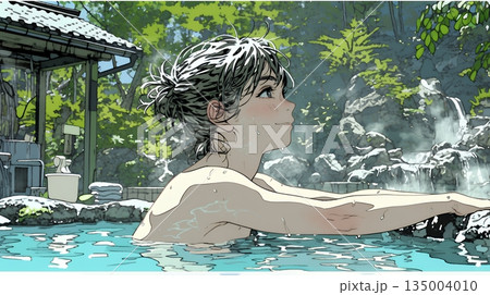 露天風呂に浸かっている若い女性