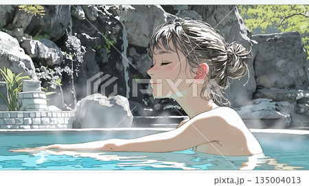 露天風呂に浸かっている若い女性