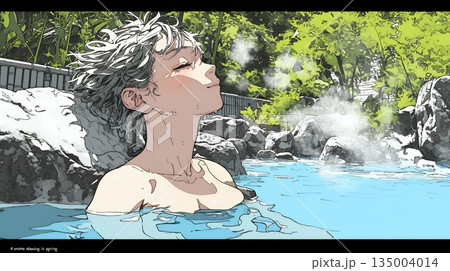 露天風呂に浸かっている若い女性