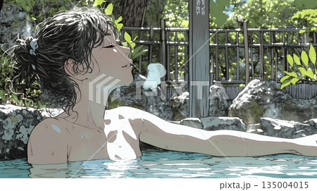 露天風呂に浸かっている若い女性