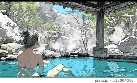 露天風呂に浸かっている若い女性