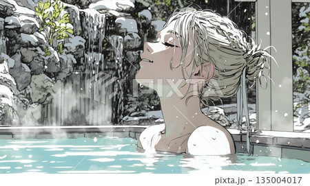 露天風呂に浸かっている若い女性