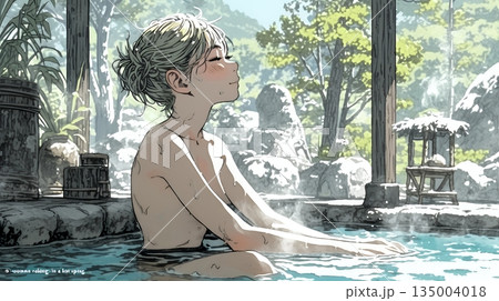 露天風呂に浸かっている若い女性