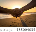 Close-up of a firm handshake on a beach at sunset. 135004035