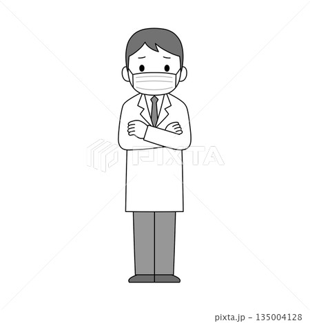困った表情で腕を組むマスク姿の白衣の男性医療従事者のモノクロイラスト 困った表情で腕を組むマスク姿の白衣の男性医療従事者のモノクロイラスト 135004128