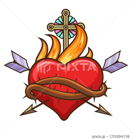 Cartoon heart with arrows and cross 135004136