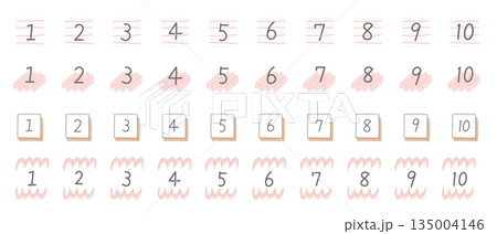 手描き風の女性向けデザイン用数字バッジセット 1〜10 マーカー風に装飾された数字のあしらい 手描き風の女性向けデザイン用数字バッジセット 1〜10 マーカー風に装飾された数字のあしらい 135004146