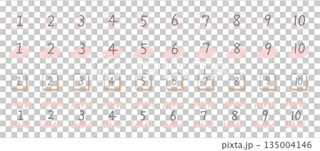 手描き風の女性向けデザイン用数字バッジセット 1〜10 マーカー風に装飾された数字のあしらい 手描き風の女性向けデザイン用数字バッジセット 1〜10 マーカー風に装飾された数字のあしらい 135004146