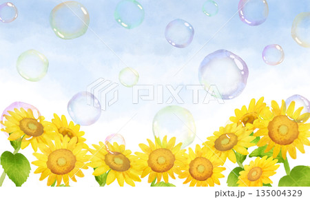 ひまわりとシャボン玉が飛んでいる背景 ひまわりとシャボン玉が飛んでいる背景 135004329