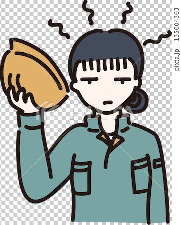 Illustration of a female worker with a sweaty head in a green uniform 135004363