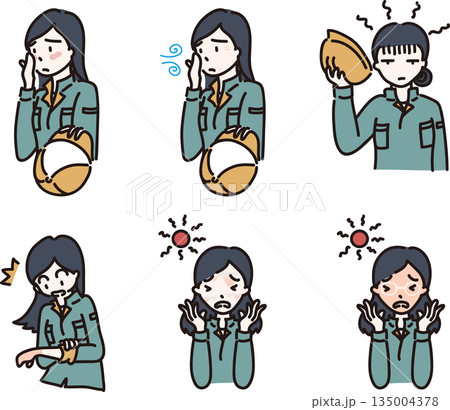 スキンケアを気にする女性作業員のイラスト 緑の制服 スキンケアを気にする女性作業員のイラスト 緑の制服 135004378