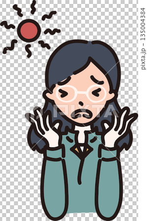 Illustration of a female worker in a green uniform who is concerned about sunburn Illustration of a female worker in a green uniform who is concerned about sunburn 135004384