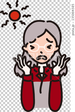 Illustration of a female worker in a red uniform who is concerned about sunburn Illustration of a female worker in a red uniform who is concerned about sunburn 135004385
