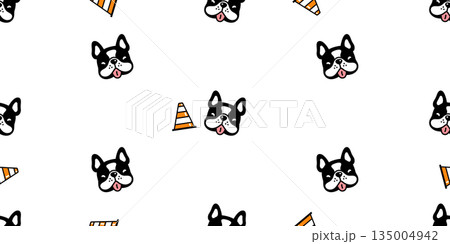 dog seamless pattern french bulldog cartoon doodle traffic cone funny puppy pet face gift wrapping paper tile background repeat wallpaper illustration animal 135004942
