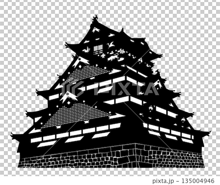 Toyotomi Osaka Castle tower black and white silhouette 135004946